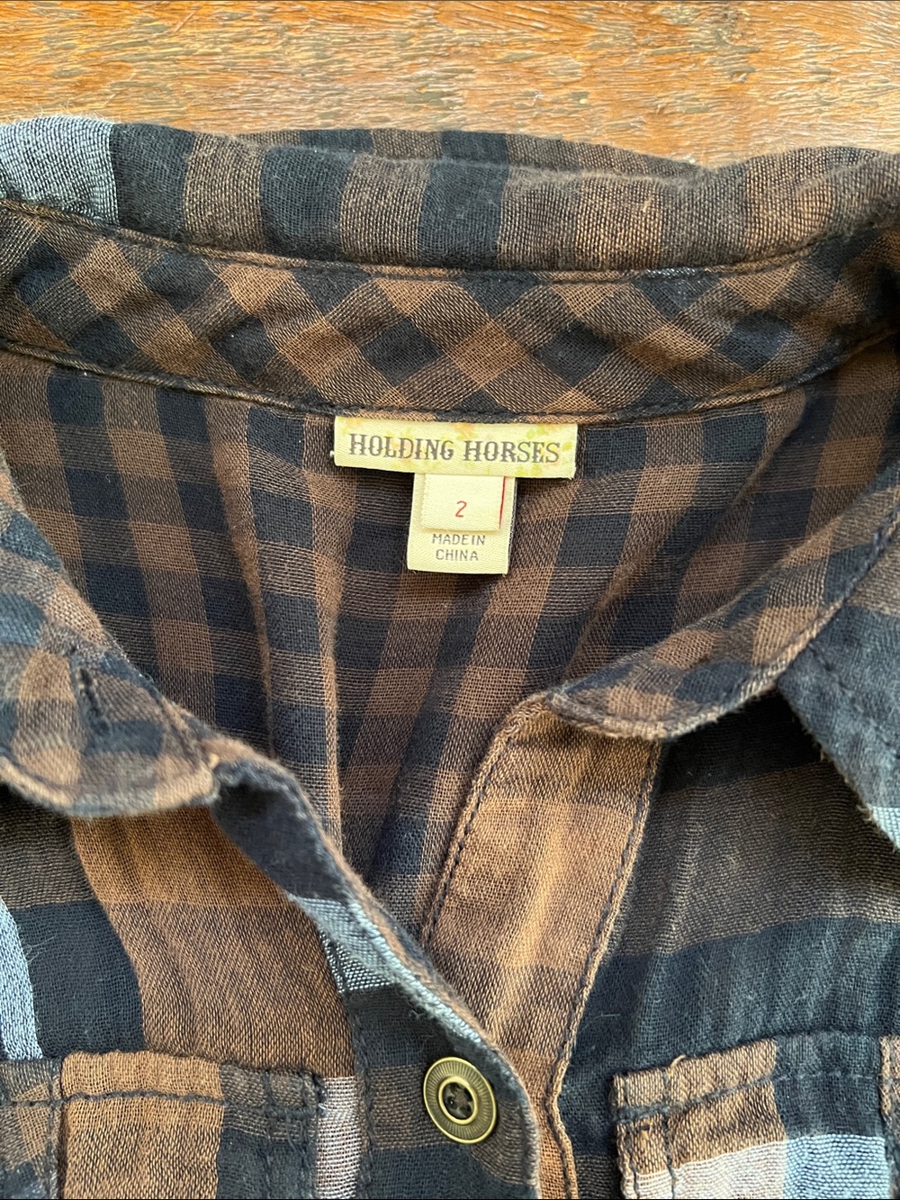 HOLDING HORSES Mixed Plaid Shirt Dress High-Low Handkerchief Hem Blue/Brown SZ 2 - Picture 7 of 15